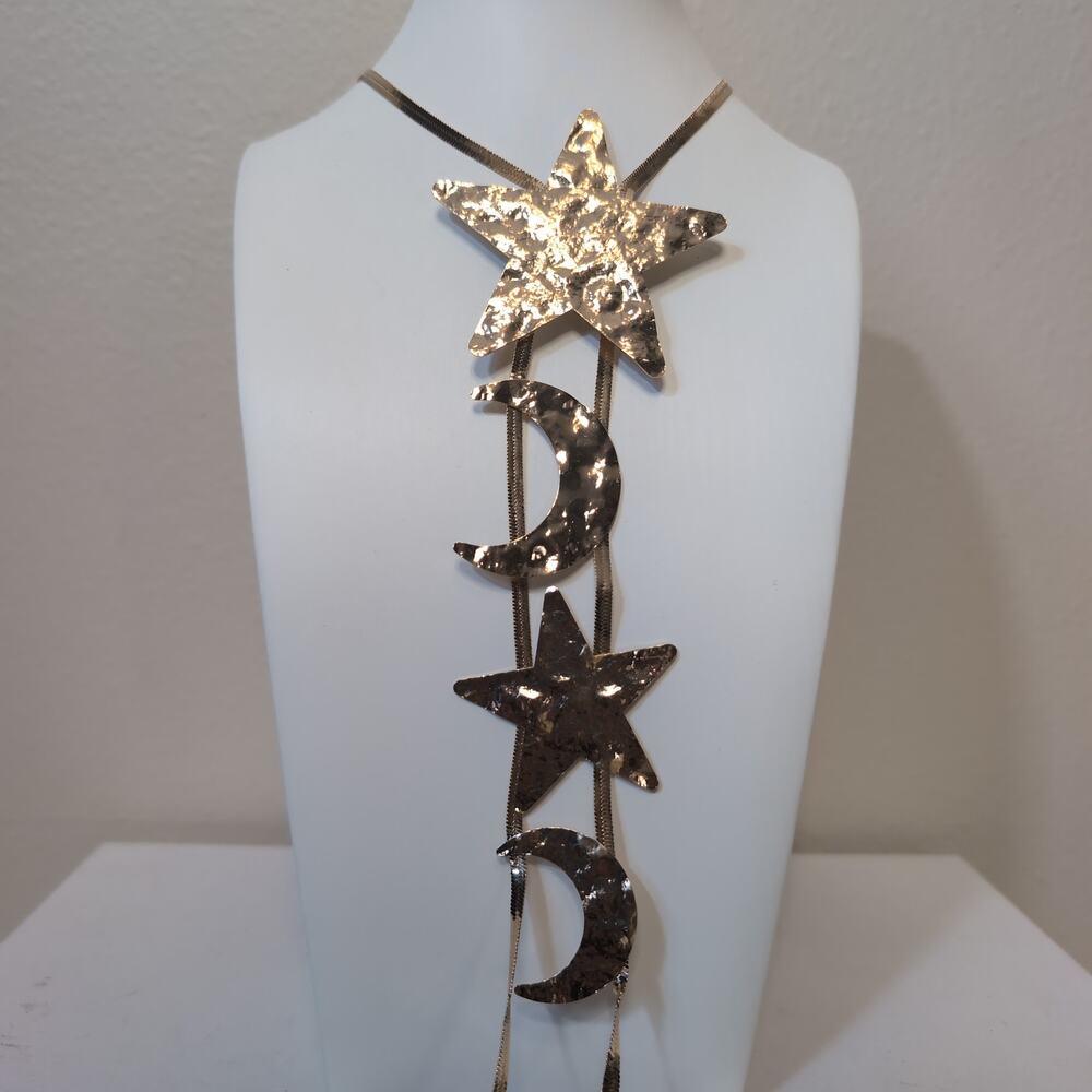 Gold-Tone Celestial Star and Moon Drop Necklace Boho